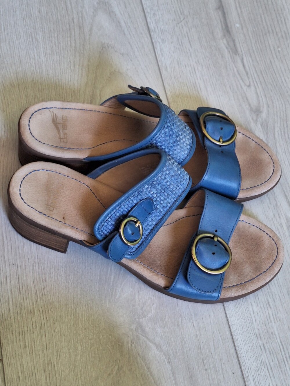 Dansko Debby Wedge Sandals Womens 40⁹ Full Grain Raffia Blue Leather Woven